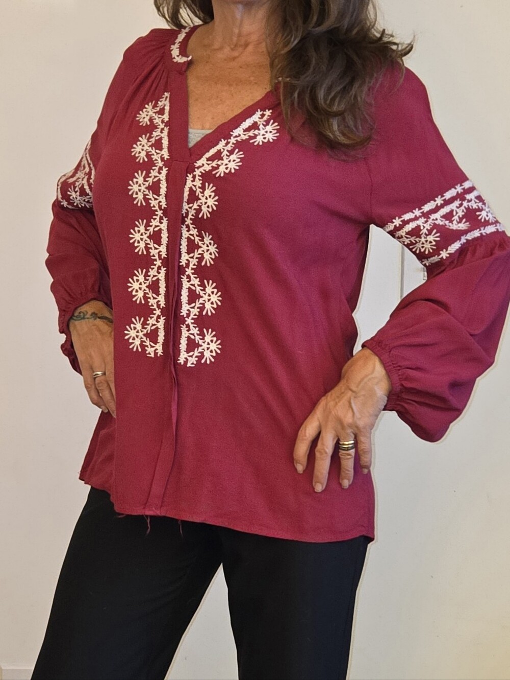 Available by Angela Moore Crimson Embroidered Boho Tunic